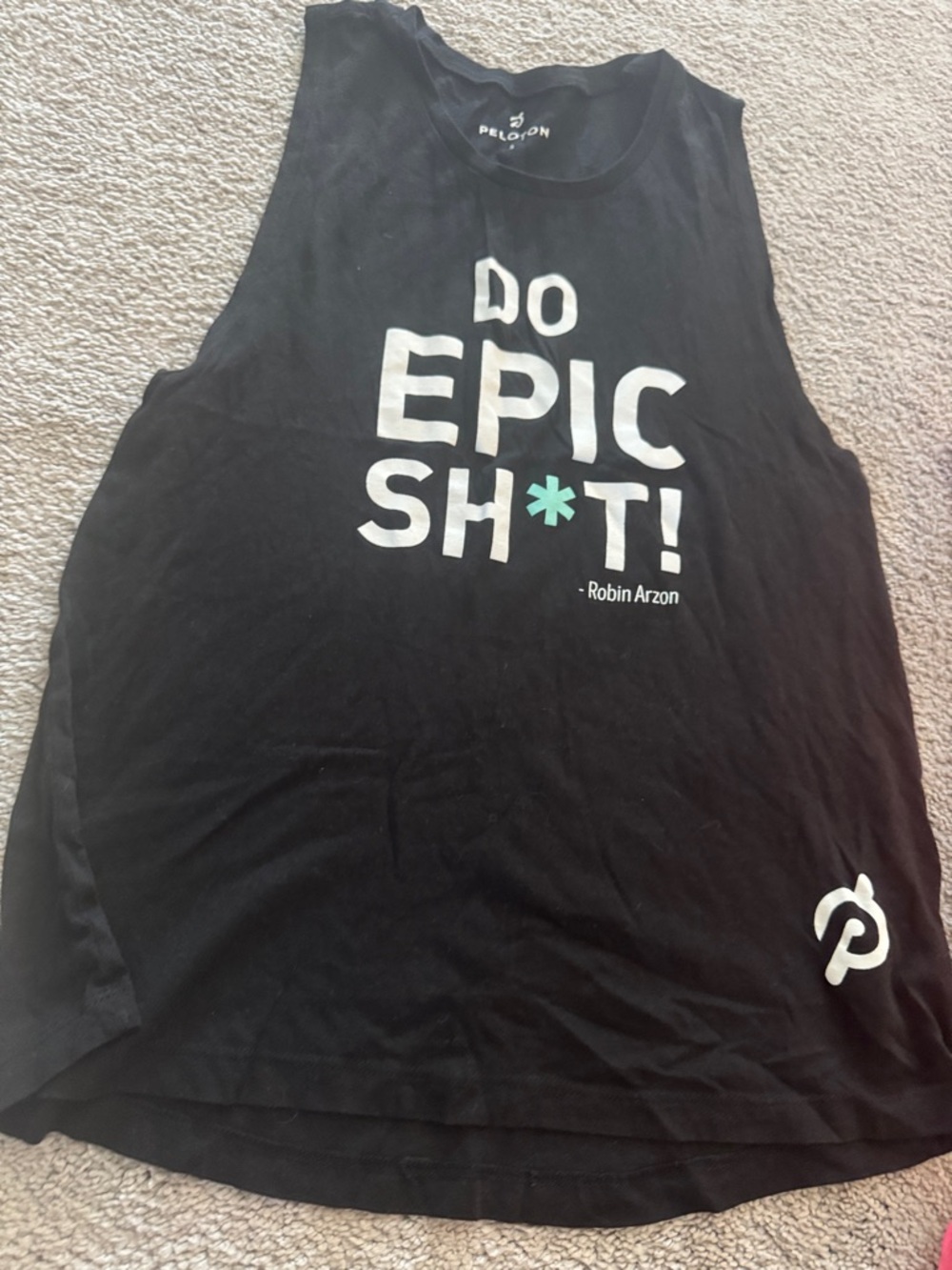 Peloton Black Muscle Tank with White Text and Teal Accent